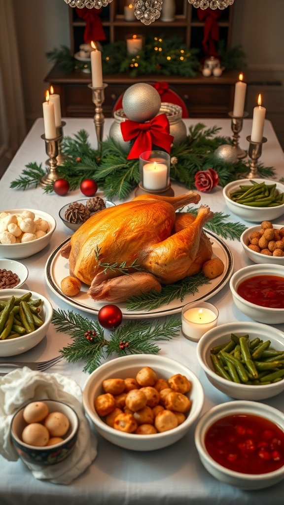 A classic Christmas dinner table with roasted turkey, mashed potatoes, green beans, and cranberry sauce, decorated for the holidays.